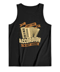 Top Notch Men's 100 Percent Cotton Tank Top, Rugged Gym Muscle Shirt with accordion graphic on black fabric.