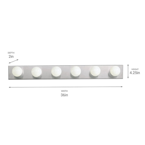 Top Shelf 36 Inch Bathroom Vanity Light Fixture With Brushed Nickel Finish Offering Straight Up Easy Installation And Rock Solid Build Quality For 6 Light Damp Rated Rooms, showing six bulbs on a 36 inch brushed nickel frame.