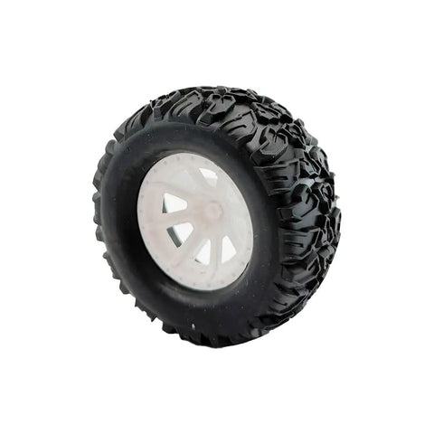 4Pcs RC Car Wheel Set With Rubber Tires And Metal Shaft Axles, Dope 55mm Diameter Wheels, side view of a single wheel