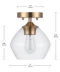 Harrow 1 Light Semi Flush Mount Ceiling Light in Matte Brass with Clear Glass Shade, Vintage Modern Grandmillennial Style for Living Room Hallway Kitchen Decor, showing dimensions.