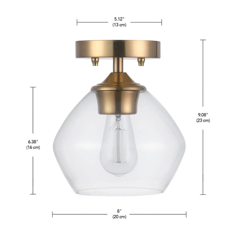 Harrow 1 Light Semi Flush Mount Ceiling Light in Matte Brass with Clear Glass Shade, Vintage Modern Grandmillennial Style for Living Room Hallway Kitchen Decor, showing dimensions.