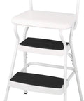 Retro Style Chair And Flip Up Step Stool In White With Vinyl Seat And Steel Frame Dope Multi Purpose Counter Height Seat That Converts Into A Safe Step Stool Easy To Clean Non Marring Feet For Hardwood Floors, featuring white steel and black steps.