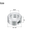 4 Pack Aluminum Set Screw Collars With Five Eighths Inch Bore, Shaft Collar Clamp Stop Ring One And One Eighth Inch OD And One Half Inch Thickness For Linear Rod Guides, Rust Resistant, Lightweight, Built Tough, Great For Precise Positioning. Image shows single collar with dimensions.