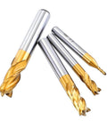 Four titanium-coated 4-flute end mills with HSS straight shanks for wood, aluminum, steel; sizes 5/64"–3/8"