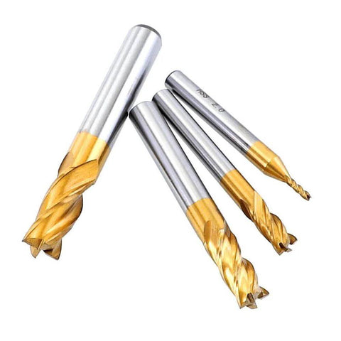 Four titanium-coated 4-flute end mills with HSS straight shanks for wood, aluminum, steel; sizes 5/64"–3/8"