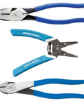 Workhorse 3-Piece Tool Set With Lineman's Side-Cutting Pliers, Diagonal Cutters, And Wire Stripper, Made In USA, blue handles
