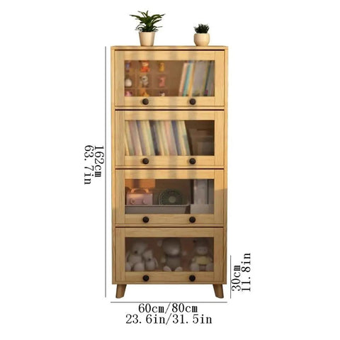 Modern 4 Tier Floor Standing Book Shelf With Flip Lid Glass Door Dope Solid Wood Storage Rack for home or office.