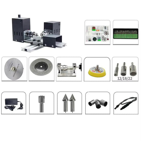 Mini 110-220V Dual Motor Lathe For Drilling And Grinding with dual motors and various attachments for precise woodworking.