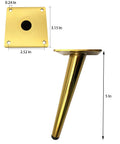 Side view and top view of a 5-inch golden sofa leg with dimensions for Golden Round Metal Sofa Legs Set Of 4 For Beefy Replacement Feet For Couch Bed And Coffee Table Ideal For Mid Century Modern Hack For Flat Pack Furniture 5 Inch Height Heavy Duty Durable Solid Metal Construction.