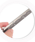 Six Piece Heavy Duty Piano Hinges Forged From Solid Iron For Tough Jewelry Boxes And Travel Luggage Rugged Construction Keeps Things Locked Tight During A 180 Degree Open viewed from side with hand holding