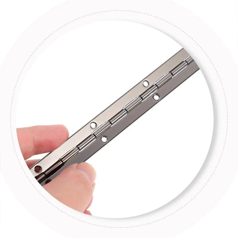 Six Piece Heavy Duty Piano Hinges Forged From Solid Iron For Tough Jewelry Boxes And Travel Luggage Rugged Construction Keeps Things Locked Tight During A 180 Degree Open viewed from side with hand holding