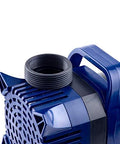 Close-up of blue submersible pond pump with threaded outlet and top carry handle.