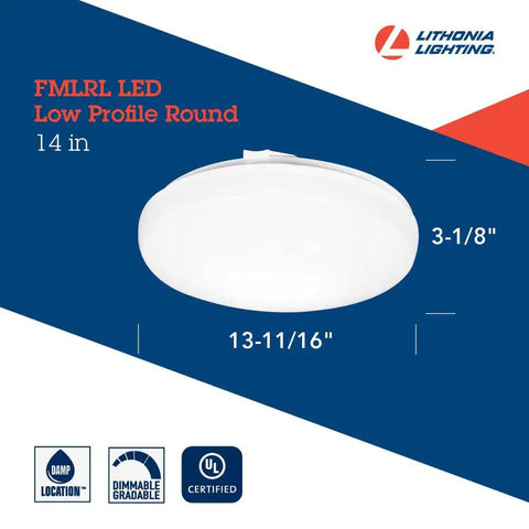 Dimensions of 14 Inch Round LED Flush Mount Ceiling Light, Low Profile Modern Fixture, shown with height 3-1/8, diameter 13-11/16