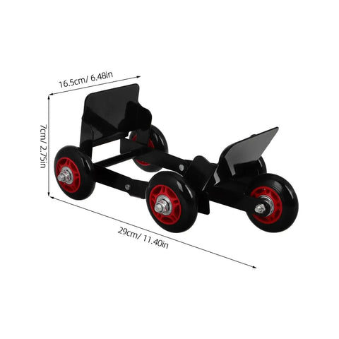 Amosfun Motorcycle Tire Dolly Tool With Five Smooth Wheels Heavy Duty Vehicle Mover for Electric Bikes shown from the side with dimensions.