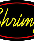 Neon sign displaying the word 'Shrimp' in cursive lettering outlined in red and black background