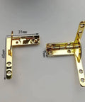 Golden Hinge For Wooden Boxes And Small Cabinets Chrome Plated Gold, 31x40mm durable metal hinge, smooth opening, side view.