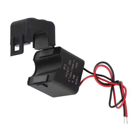 Zero Drama Mini Split Core Current Transformer Sensor For 100A Energy Meters With Quick Snap Clip Design, black housing with wires.