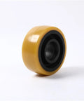 Industrial Grade Polyurethane Auxiliary Wheel For Forklift Stacker Balance Rollers With All Day Traction And Built Tough Reliability For Warehouse Rigs 125Mm Pu, showing a heavy duty yellow wheel with black core.