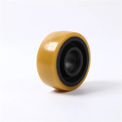 Premium Polyurethane Auxiliary Wheel For Forklift Stacker And Industrial Hoists With Smooth Rolling Balance Design showing side view of heavy-duty poly wheel.