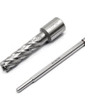 Front view of annular cutter with Weldon shank and long HSS drill bit, 2-piece silver metal kit for magnetic drill press