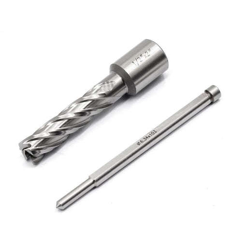 Front view of annular cutter with Weldon shank and long HSS drill bit, 2-piece silver metal kit for magnetic drill press