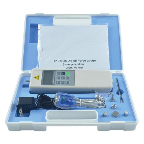 Digital Force Gauge 500N Push Pull Gauge With Test Stand USB Data Output For Accurate Bench Top Testing And Measurements Zero Point Five Percent Accuracy 500N Capacity 180 Millimeter Travel in carrying case with manual and accessories
