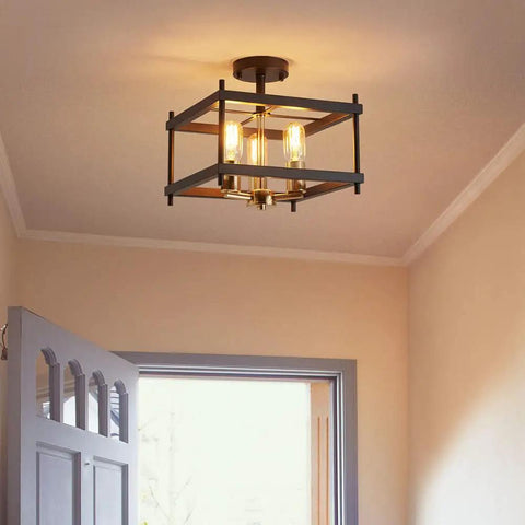 Farmhouse Semi Flush Mount Ceiling Light Fixture Built For Rustic Style, Steel Square 3-Light With E26 Base in hallway
