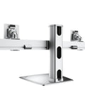 Level Up Your Desk Setup With This Rock Solid Dual Monitor Stand Featuring Smooth Pivot Mechanical Arms For Left And Right Placement Table Clamp Bracket handles heavy screens.