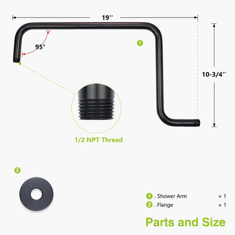Gooseneck Shower Arm Extension With 1/2 NPT Brass Connector, Oil Rubbed Bronze Finish, Showing Size and Thread Details