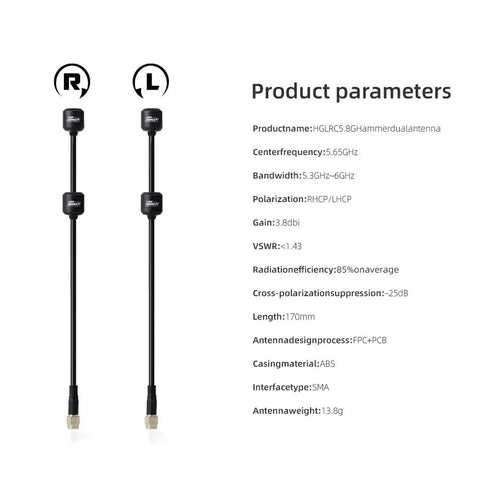 Hammer 5.8G Dual Antenna System With Dual SMA RHCP model details and specifications for aerial racing and hobby flights.