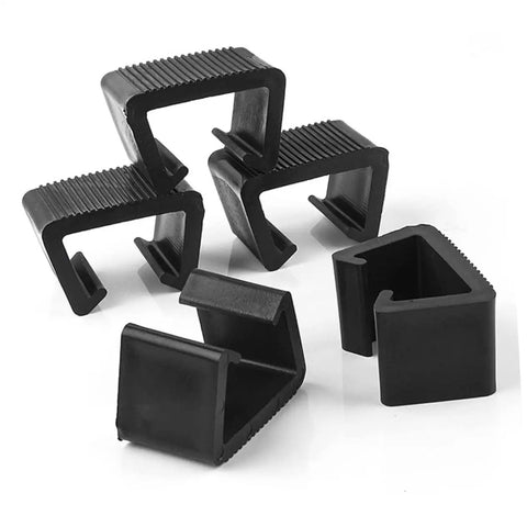 Eight Pack Outdoor Wicker Furniture Clips, Garden Sofa And Chair Alignment Fasteners, black plastic clamps against white background