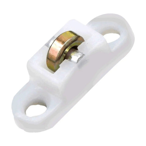 Slide Like Butter Heavy Duty Plastic Steel Sliding Door Rollers And Window Pulley Bearings Double Flat Replacement Hardware For Easy Gliding 10 Piece Set close-up of a white plastic roller with steel bearing.