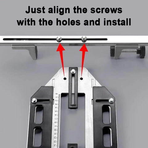Foolproof Wood Door Grooving Positioner showing screw alignment and installation detail with durable aluminum base.