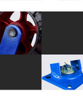 Heavy Duty Swivel Casters With Tight 360 Turn And 10 Or 12 Inch Wear Resistant Nylon Wheels Roll Smooth And Crush Weight Solid One Ton Load Bearing Universal Cart Wheel Sets Of Four Pack close-up of red wheel and blue caster mounting bracket