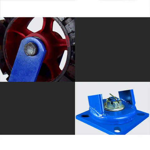 Heavy Duty Swivel Casters With Tight 360 Turn And 10 Or 12 Inch Wear Resistant Nylon Wheels Roll Smooth And Crush Weight Solid One Ton Load Bearing Universal Cart Wheel Sets Of Four Pack close-up of red wheel and blue caster mounting bracket