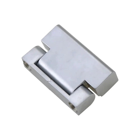 Zinc alloy damping hinge for cabinet doors, angled front view, torque-adjustable pivot, silver, 1 pc