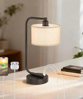 Bedside Table Lamp With USB Port, Modern Dark Bronze Desk Lamp With Linen Fabric Drum Shade, Sturdy Base on table