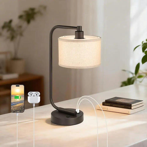 Bedside Table Lamp With USB Port, Modern Dark Bronze Desk Lamp With Linen Fabric Drum Shade, Sturdy Base on table
