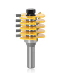 Professional Adjustable Finger Joint Router Bit With Half Inch Shank built heavy, featuring yellow tungsten carbide blades and steel shank.