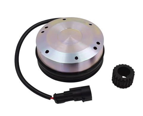 Forklift electromagnetic brake, front view; metallic silver circular housing with black wiring harness and connector