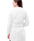 Back view of Women Belted Lab Coat 33 Inch White Size M With Chest Pocket And Dual Patch Pockets With Pen Slot, Contemporary Fit, Adjustable Belt