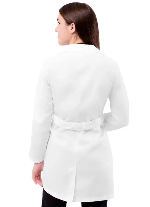 Back view of Women Belted Lab Coat 33 Inch White Size M With Chest Pocket And Dual Patch Pockets With Pen Slot, Contemporary Fit, Adjustable Belt