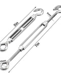 Stainless Steel Turnbuckle Set for Cables and Wires 304 Grade Turnbuckle Hook and Eye Tensioners showing dimensions and size details