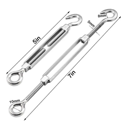 Stainless Steel Turnbuckle Set for Cables and Wires 304 Grade Turnbuckle Hook and Eye Tensioners showing dimensions and size details