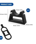 Rugged Bike Repair Stand With Handlebar Stabilizer, showing two black supports and four silicone straps, detailed size dimensions.