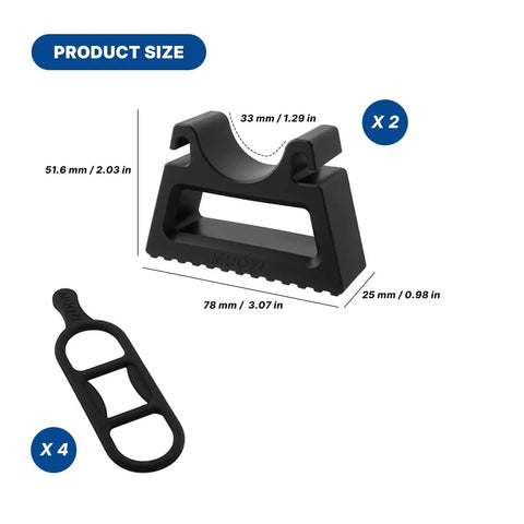 Rugged Bike Repair Stand With Handlebar Stabilizer, showing two black supports and four silicone straps, detailed size dimensions.