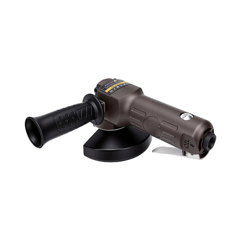 Heavy Hitting Pneumatic Air Angle Grinder Pumping 10000 RPM Kick with black handle for rapid material removal.