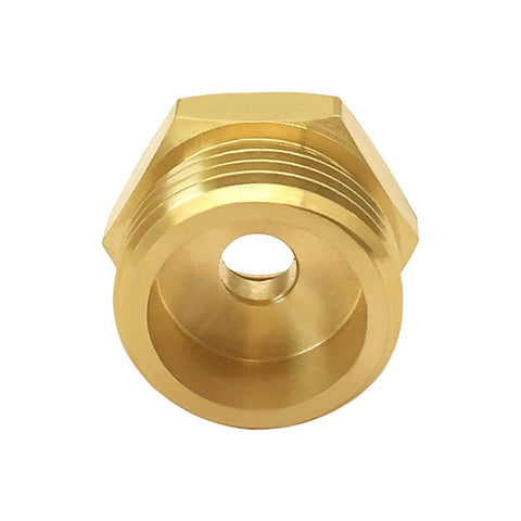 Brass pipe fitting adapter, 3/4 GHT male to 3/8 compression female, hex body, front view