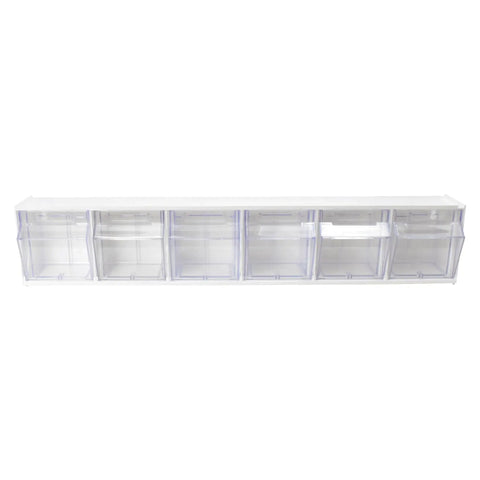 Interlocking Tilt Bin Storage System 6 Bin Unit In Clear And White, Slick Stackable Desk Shop Or Lab Organizer With Tilt Out Access