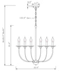 Diagram of Black Farmhouse 6 Light Wrought Iron Chandelier Pendant Fixture for dimensions and installation details